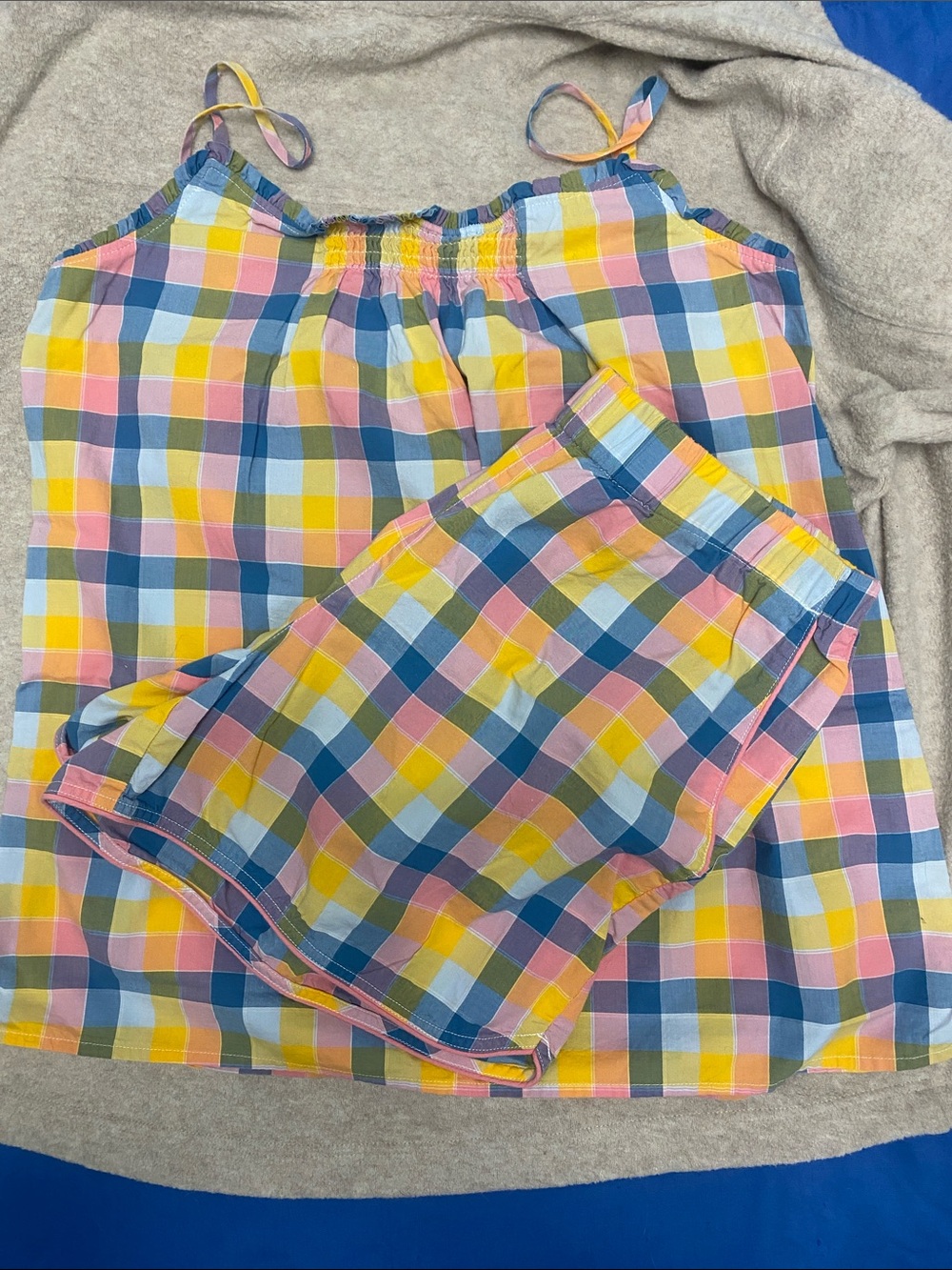 Lands' End womens Pink Yellow Blue Cream Plaid Tank & Shorts Pajama Set